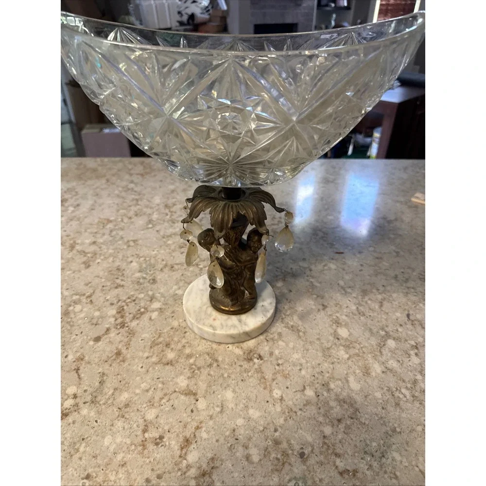 Vintage Cherub Centerpiece‎ Compote Cut Glass Bowl Brass Marble Base Prisms